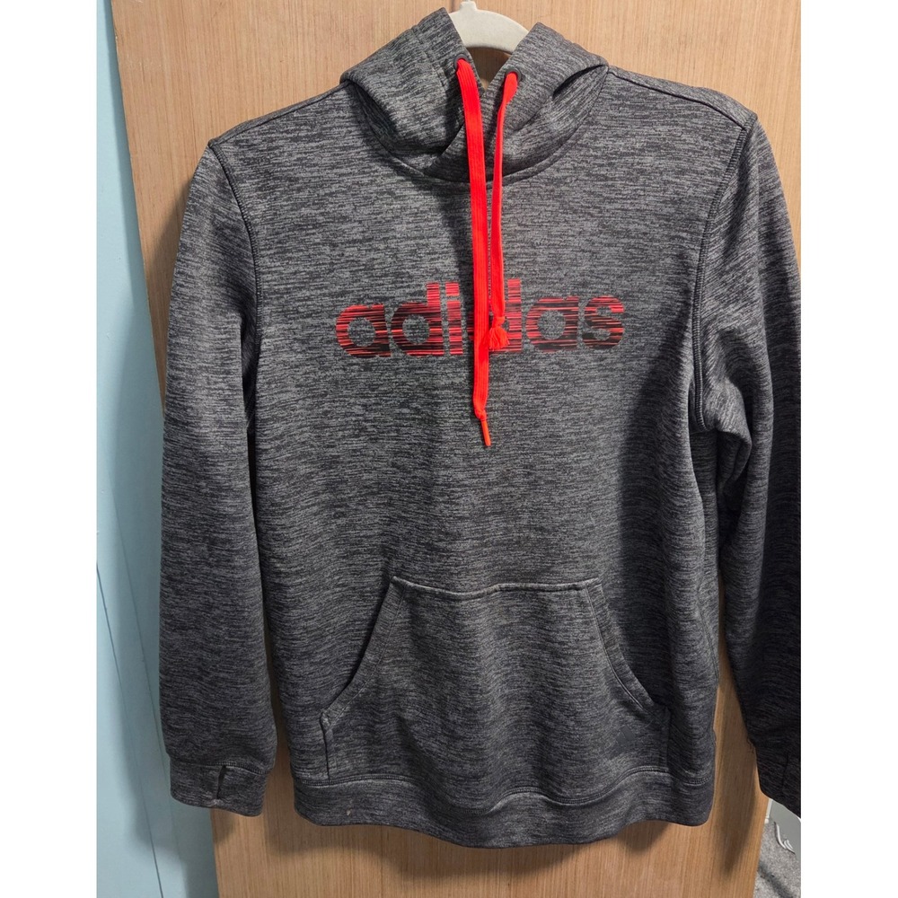 Adidas Climawarm Hoodie Mens Gray Space Dye Fleece Pullover Sweatshirt Red Logo